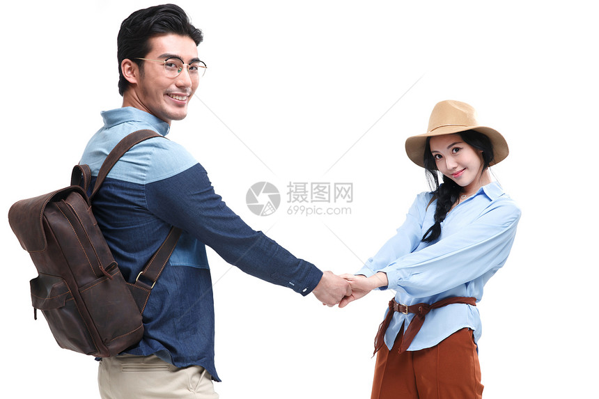 休闲装两个人背包客青年情侣旅行图片