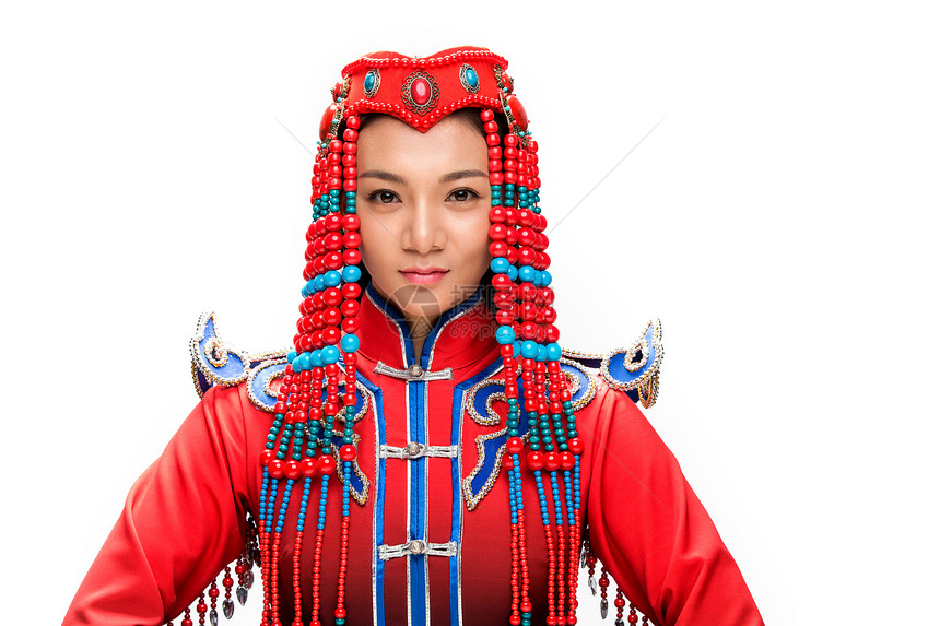 面部表情东方人传统服装穿着蒙古族服饰的女人图片