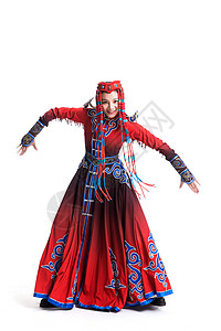 愉悦动作东方人穿着蒙古族服饰的女人背景图片