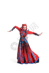 蒙古服装全身像面部表情青年人穿着蒙古族服饰的女人背景