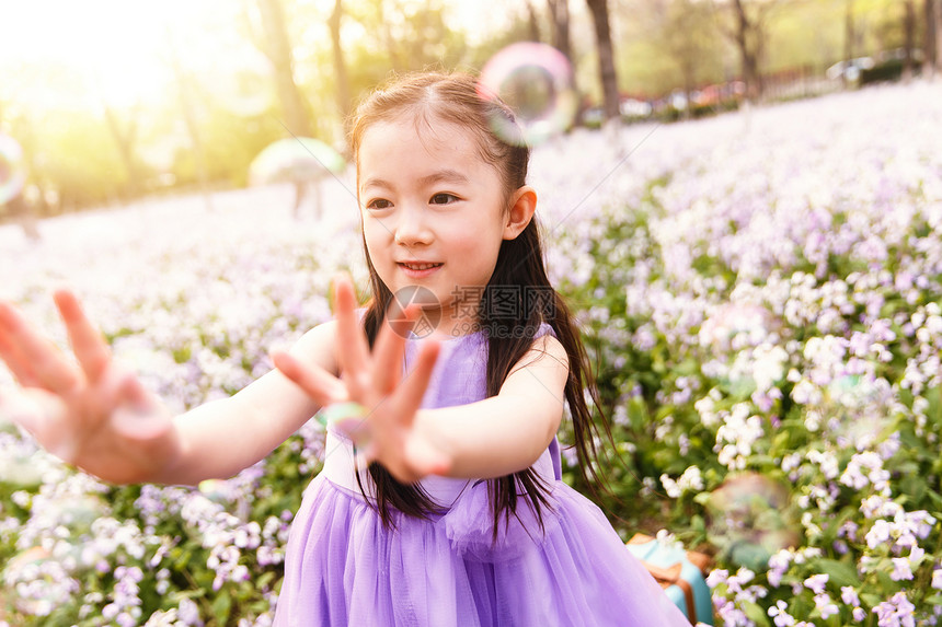仅一个人嬉戏的花可爱的小女孩在户外图片