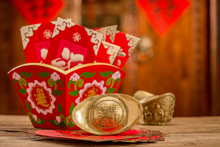 财神红色喜庆运气春节金元宝和红包背景