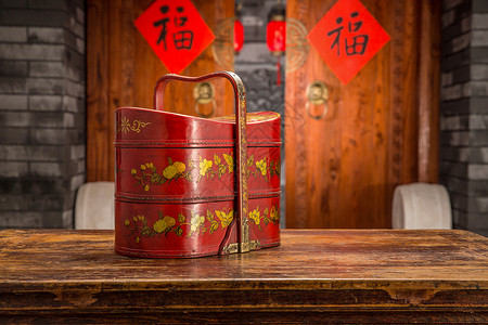 红色中式花纹水平构图花纹图案静物礼盒背景