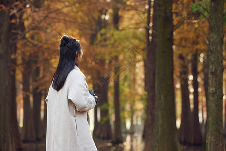 秋季女性公园拍秋景背影图片