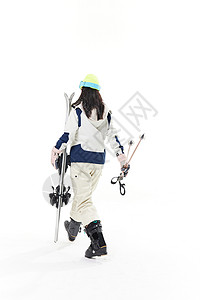 年轻美女拿着滑雪板行走背影背景图片