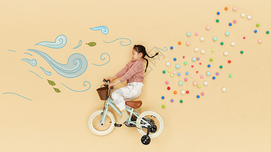 手绘揉面的女孩创意俯拍大风中骑自行车的小女孩背景