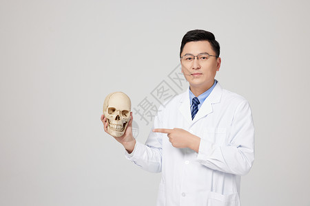 头骨模型男性医生手拿头部骨骼模型背景