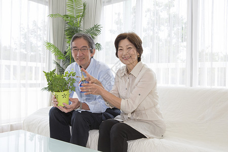 中年夫妇坐在沙发上培植盆栽背景图片