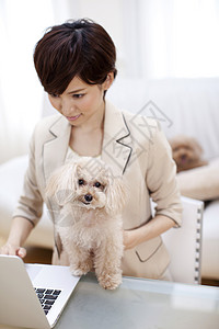 职场女性居家办公和宠物狗图片