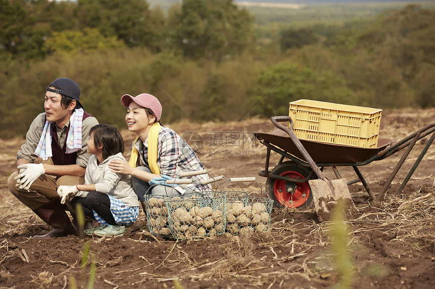 在田地里收完土豆休息的一家人图片
