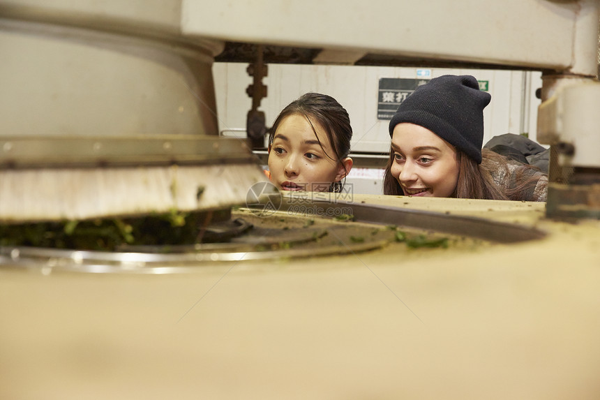 在茶叶加工厂参观的青年女子图片