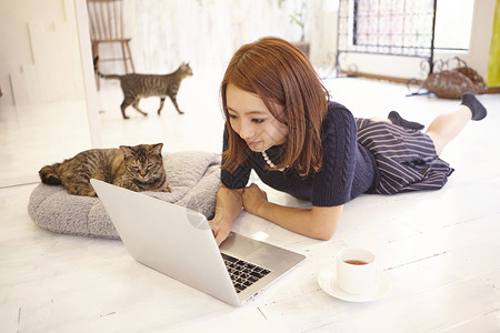 猫咪陪着女性在咖啡店工作两只动物高清图片素材