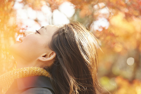 年轻女人观赏秋天枫叶风景名胜高清图片素材
