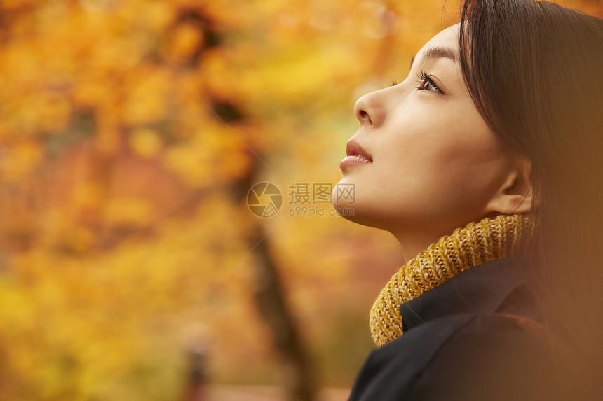 年轻女人观赏秋天枫叶图片