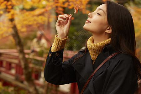 年轻女人观赏秋天枫叶叶子高清图片素材