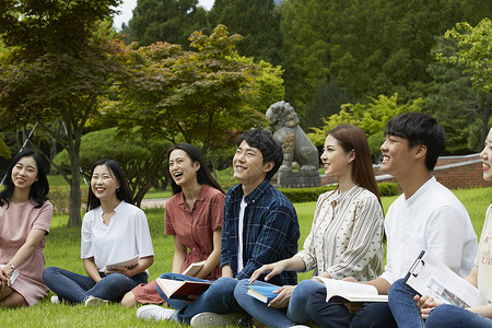 校园草坪上聊天的年轻大学生图片