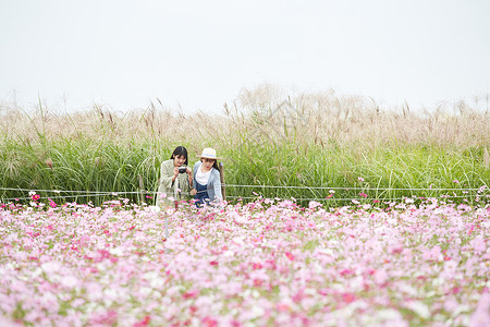 年轻女闺蜜结伴花园旅行图片