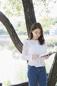 树下拿着书阅读的女性图片