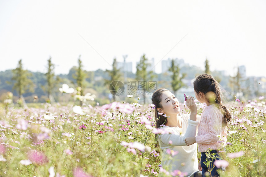 走在花田里的母女图片