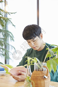 低头阅读的成年男子韩国人高清图片素材