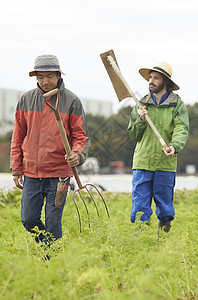 农业沟通二十几岁农民男人和外国男子用犁高清图片素材