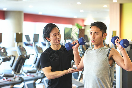 双人哑铃训练教练指导男青年健身训练背景