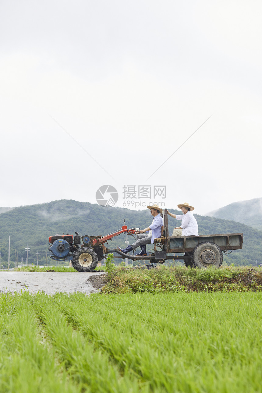 老年夫妇驾乘拖拉机下农田图片