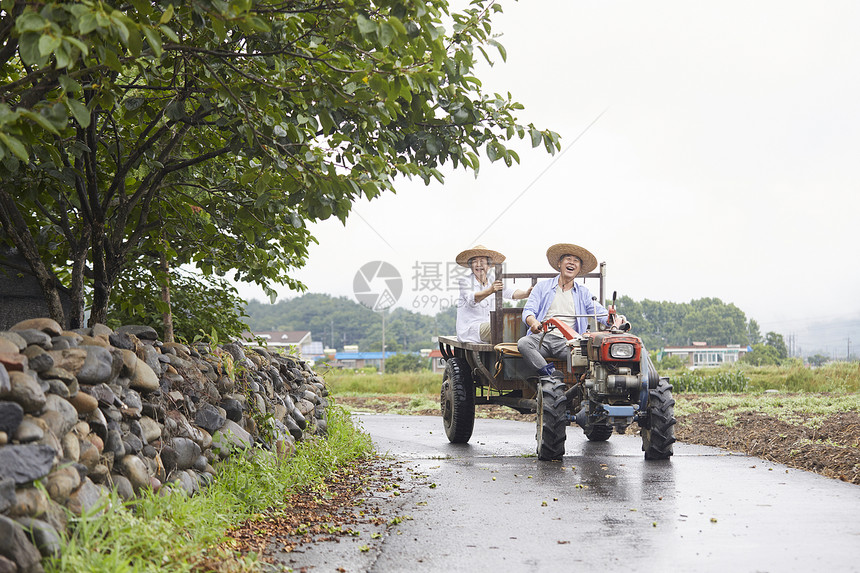 老年夫妇驾乘拖拉机下农田图片