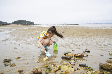 在海边捡石子的小孩快乐高清图片素材