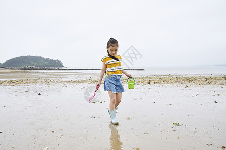 在海边捡石子的小孩女孩高清图片素材