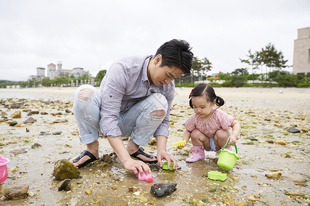 在海边捡石子的一家人小孩高清图片素材