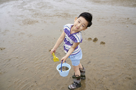 在海边捡石子的小孩户外的高清图片素材