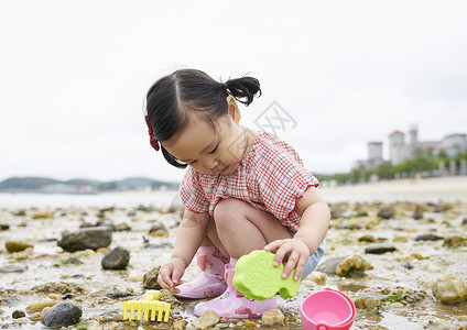 在海边捡石子的小孩幸福高清图片素材