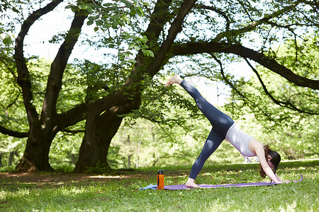公园草坪上做瑜伽运动的女子图片