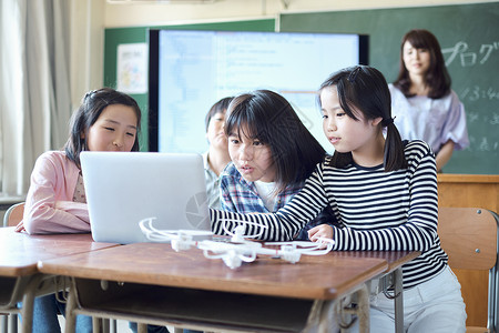 使用电脑上课的学生们男孩高清图片素材