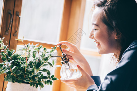 居家女子给植物浇水图片