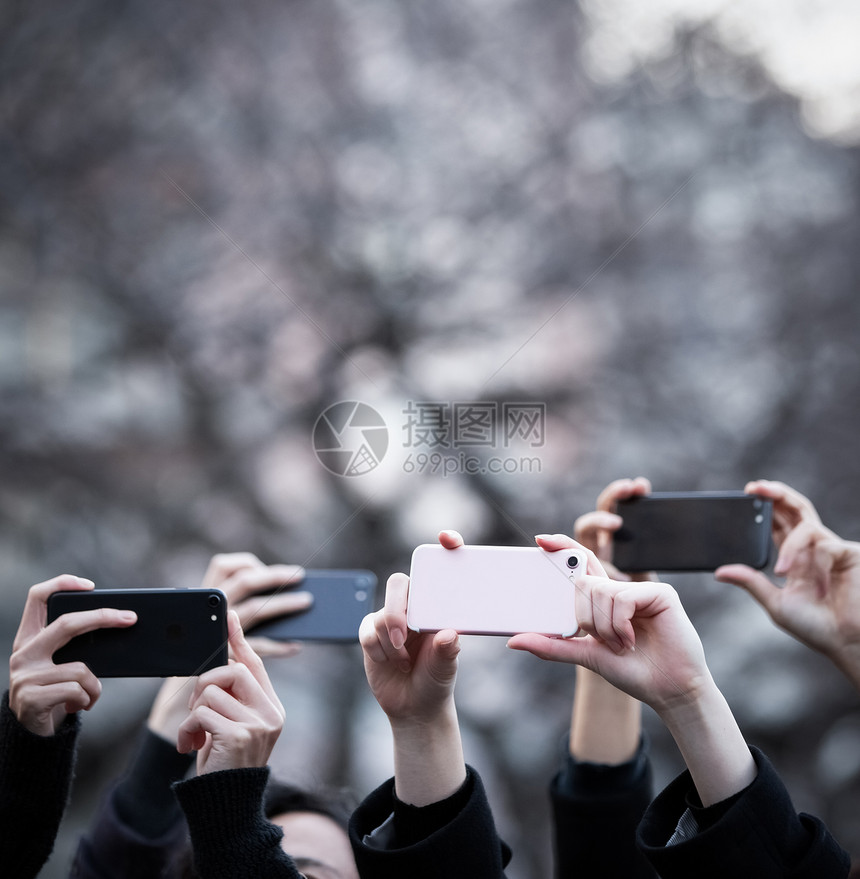 人们举着手机拍照图片