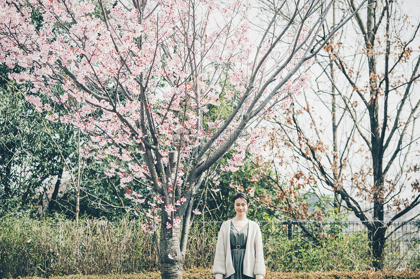 户外享受樱花的女子图片