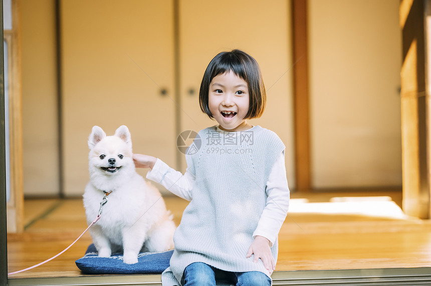 院子里的小女孩和博美犬图片