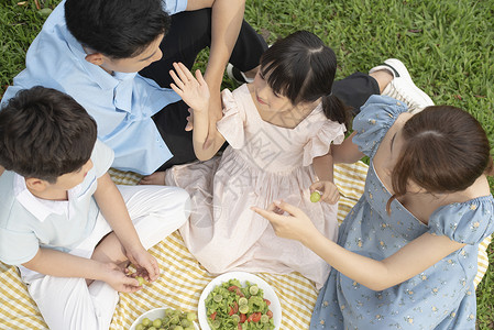 户外草坪野餐的一家人图片