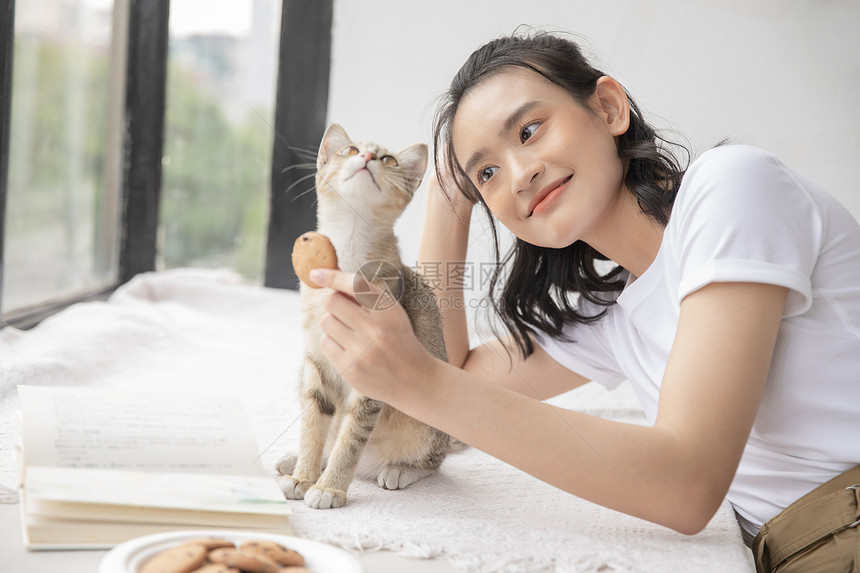 在家和猫猫玩耍的居家女孩图片