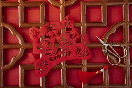 中国红龙年春节展板国粹年俗剪纸窗花虎年背景