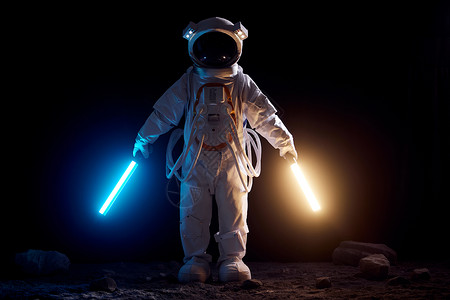 武器特效素材宇航员手拿发光的灯棒站在月球上背景