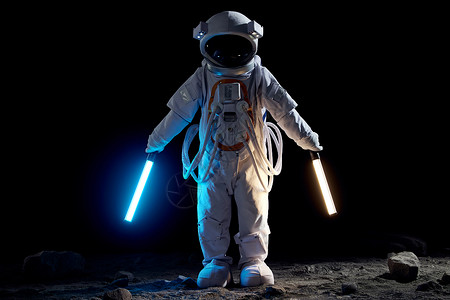 武器特效素材宇航员手拿发光的灯棒站在月球上背景