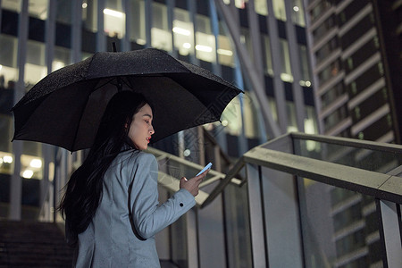 手机走路城市夜晚撑着伞的商务女性背景