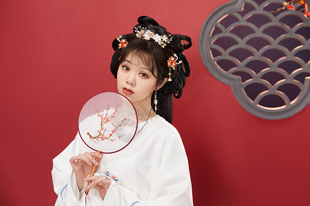 梅花暗纹扇子国风传统古装美女手拿梅花扇子背景
