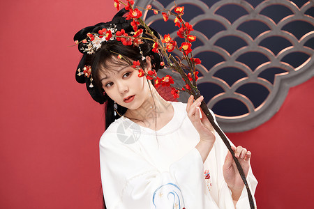 中国风美女手拿梅花枝图片