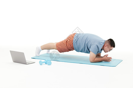 瑜伽平板撑插画胖子男青年瑜伽垫上运动平板支撑背景