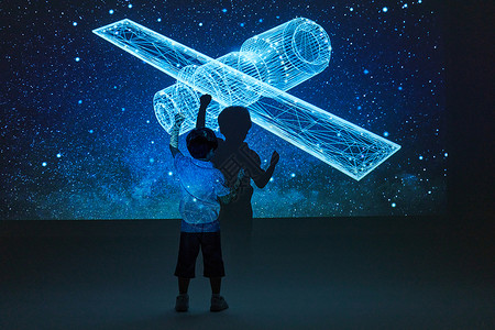 蓝色未来小男孩学习宇宙科技知识背景