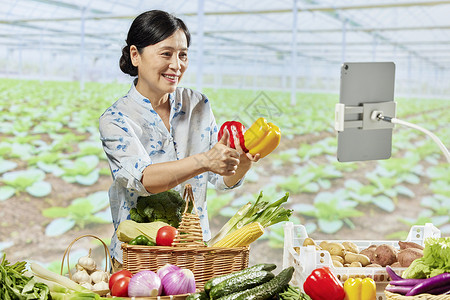 中年女性电商直播售卖有机蔬菜背景图片